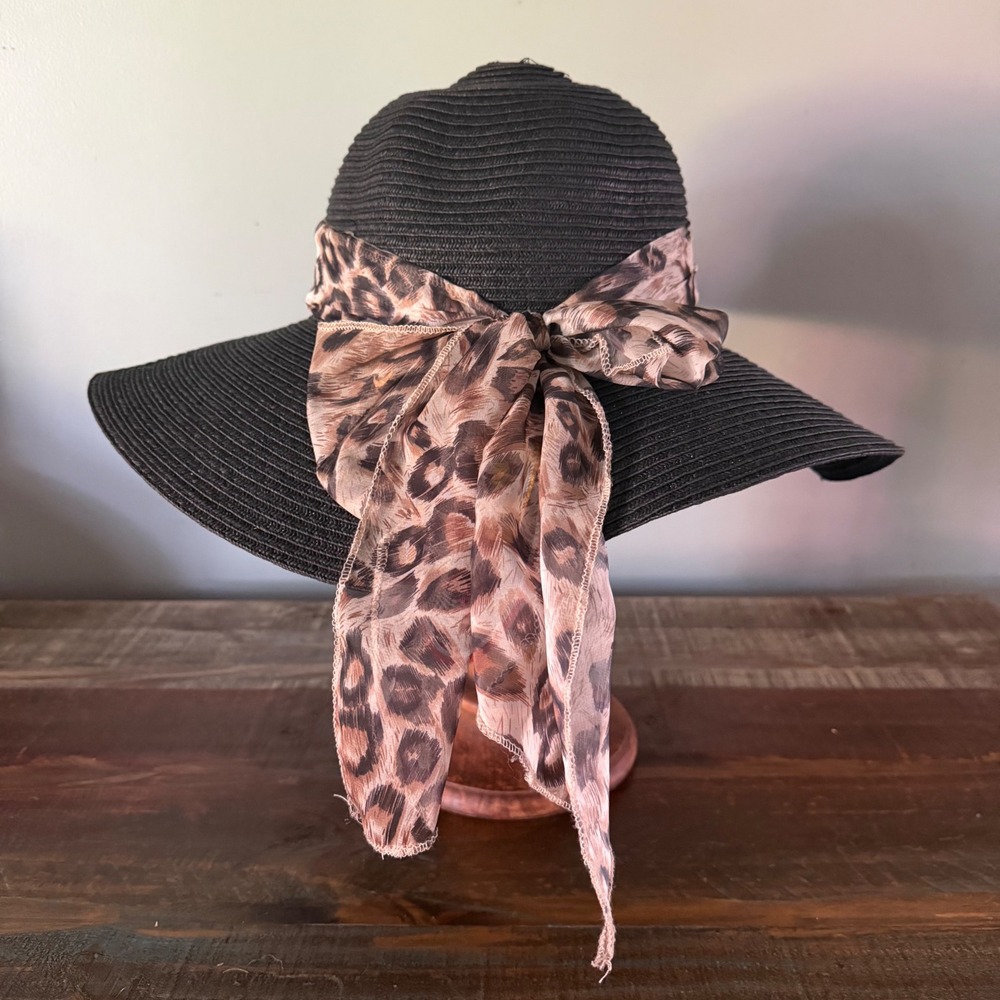 Kallina Sun Hat Black Leopard Print‎ Bow UPF 50+ Wide Brim Safari Resort Beach